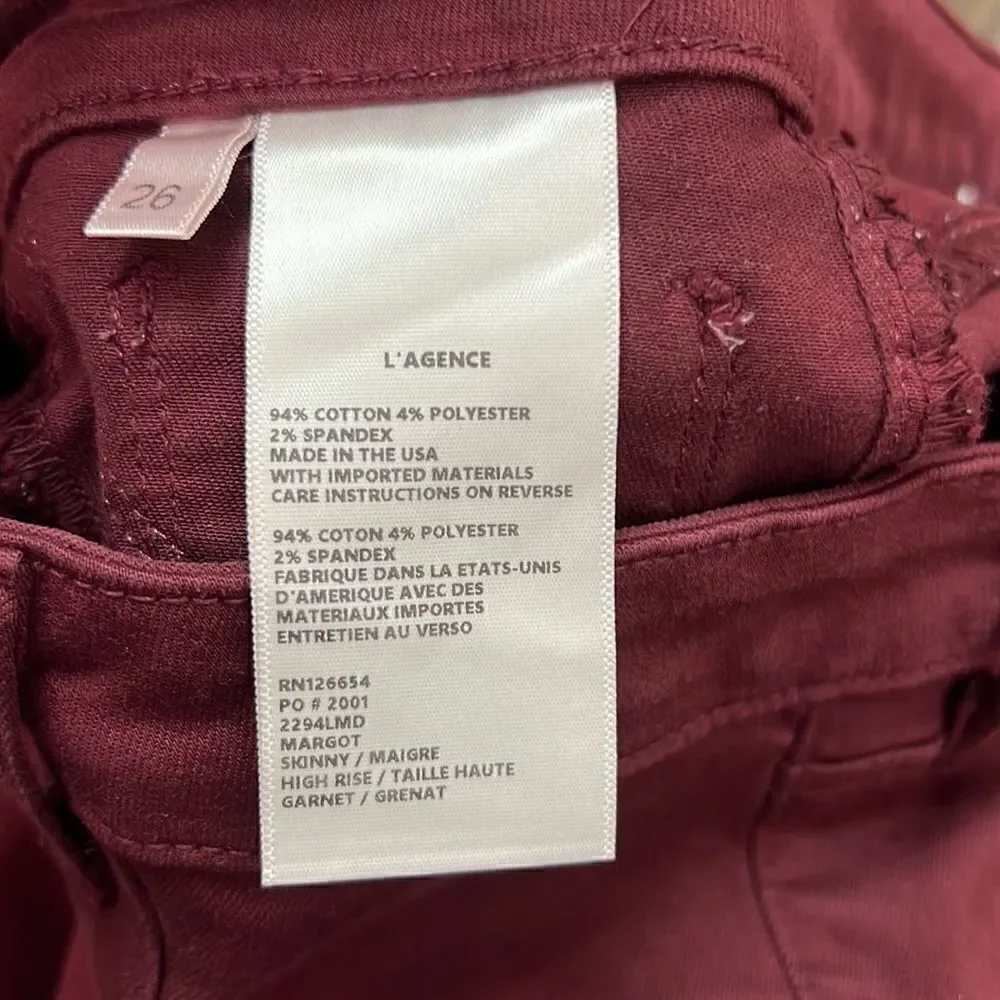 L’Agence Burgundy Margot High rise Garnet Jeans size 26 NWOT